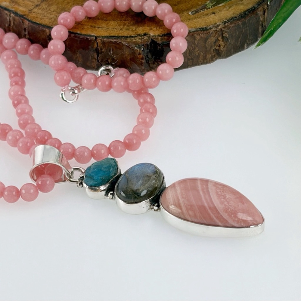 Raw Apatite Labradorite & Pink Opal Cluster Pendant Necklace Southwest Boho 925 - Picture 5 of 9